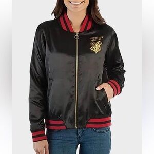 Harry Potter Hogwarts Alumni satin bomber jacket features a black shell with